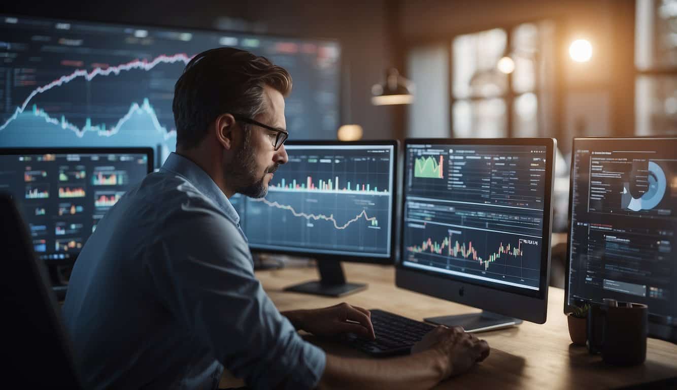 A person is comparing different CRM software options on a computer screen, surrounded by charts and graphs representing customer data
