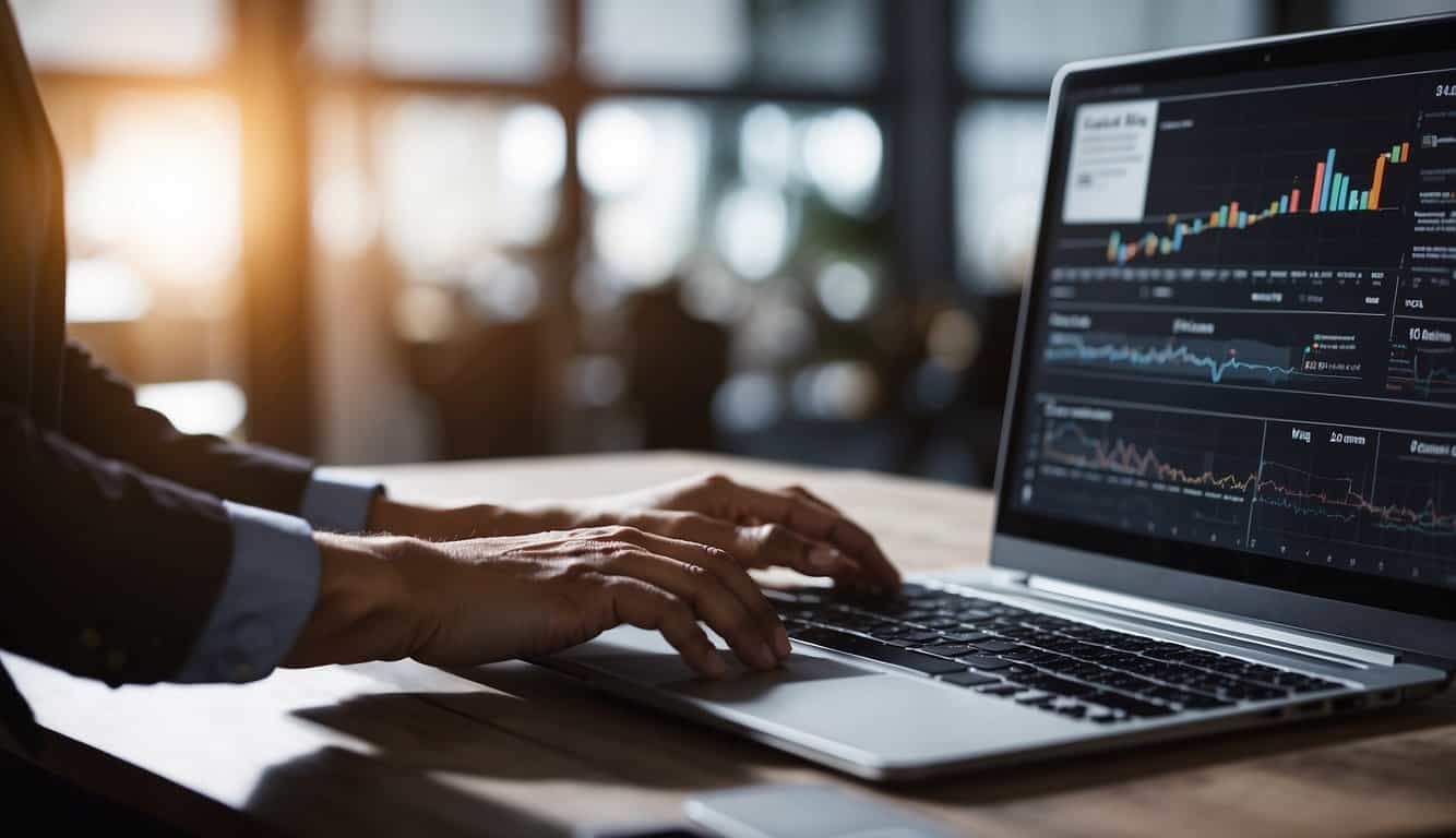 A person uses a laptop to compare and select web analytics tools for a small business, surrounded by charts and graphs