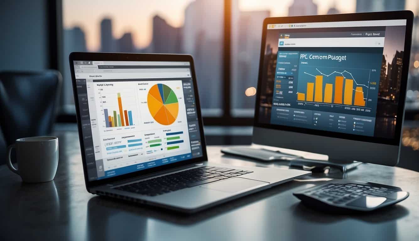 A computer screen displaying various ppc budget management tools with charts and graphs