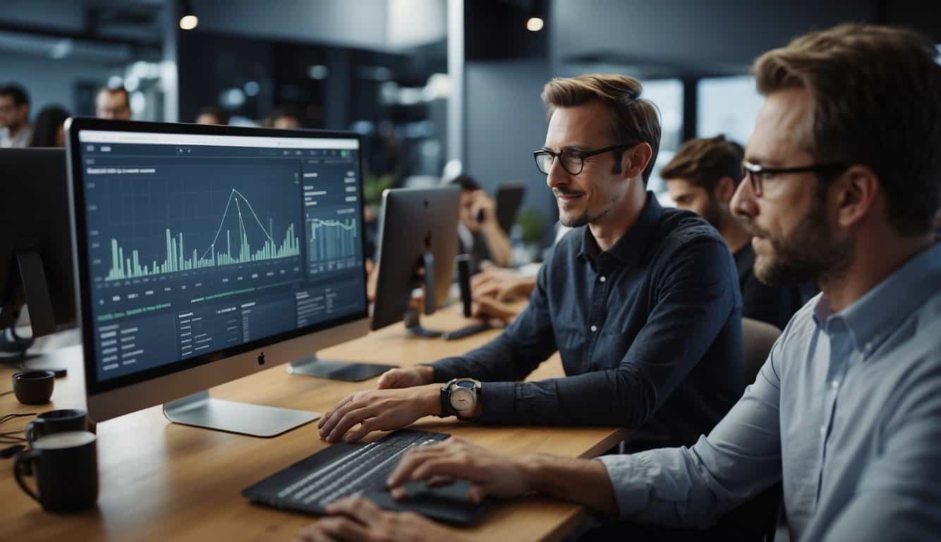 A group of people using social listening tools to analyze data and develop marketing strategies. Screens show social media platforms and graphs