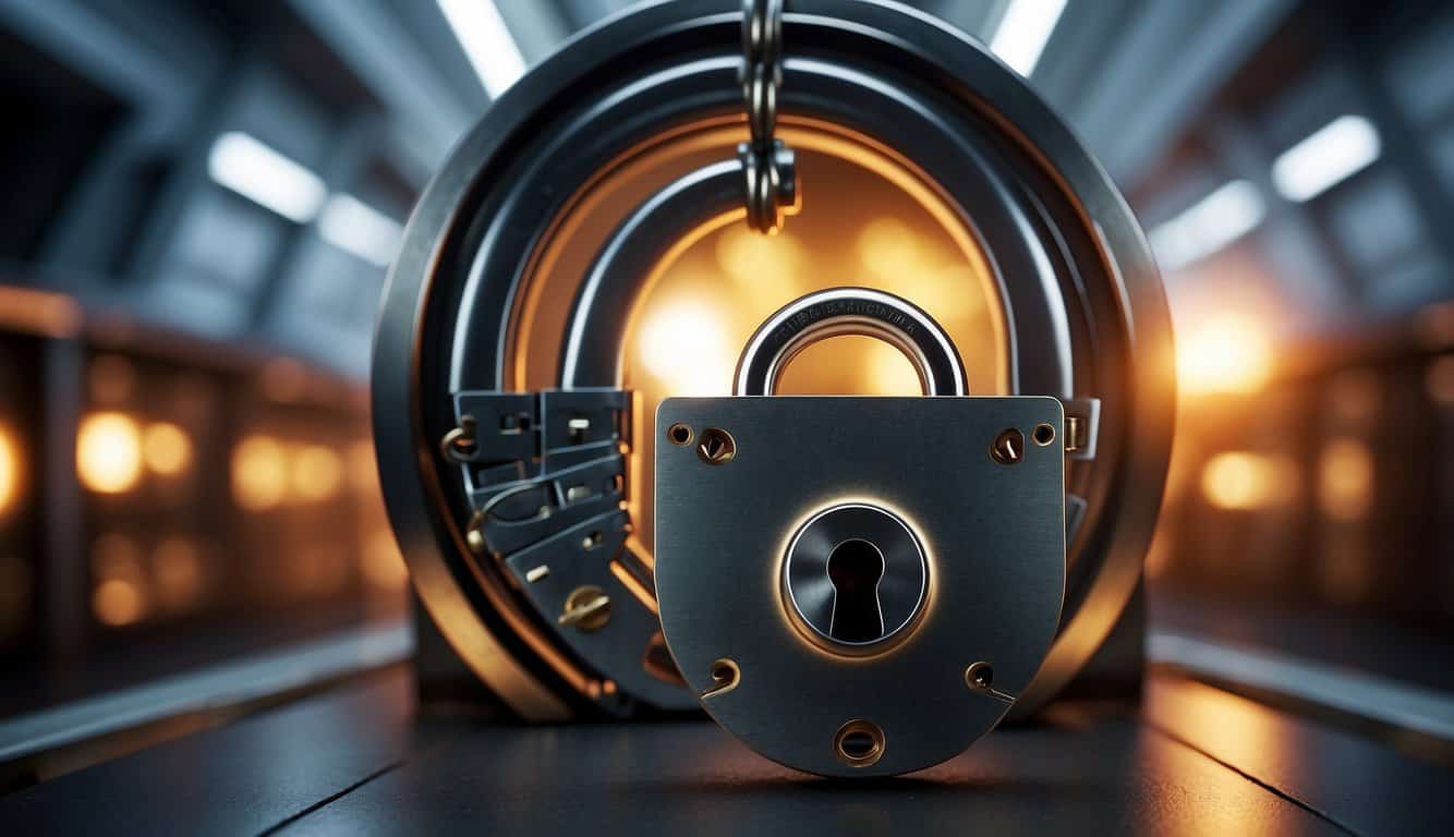 A locked vault with a digital padlock, surrounded by firewalls and encryption symbols