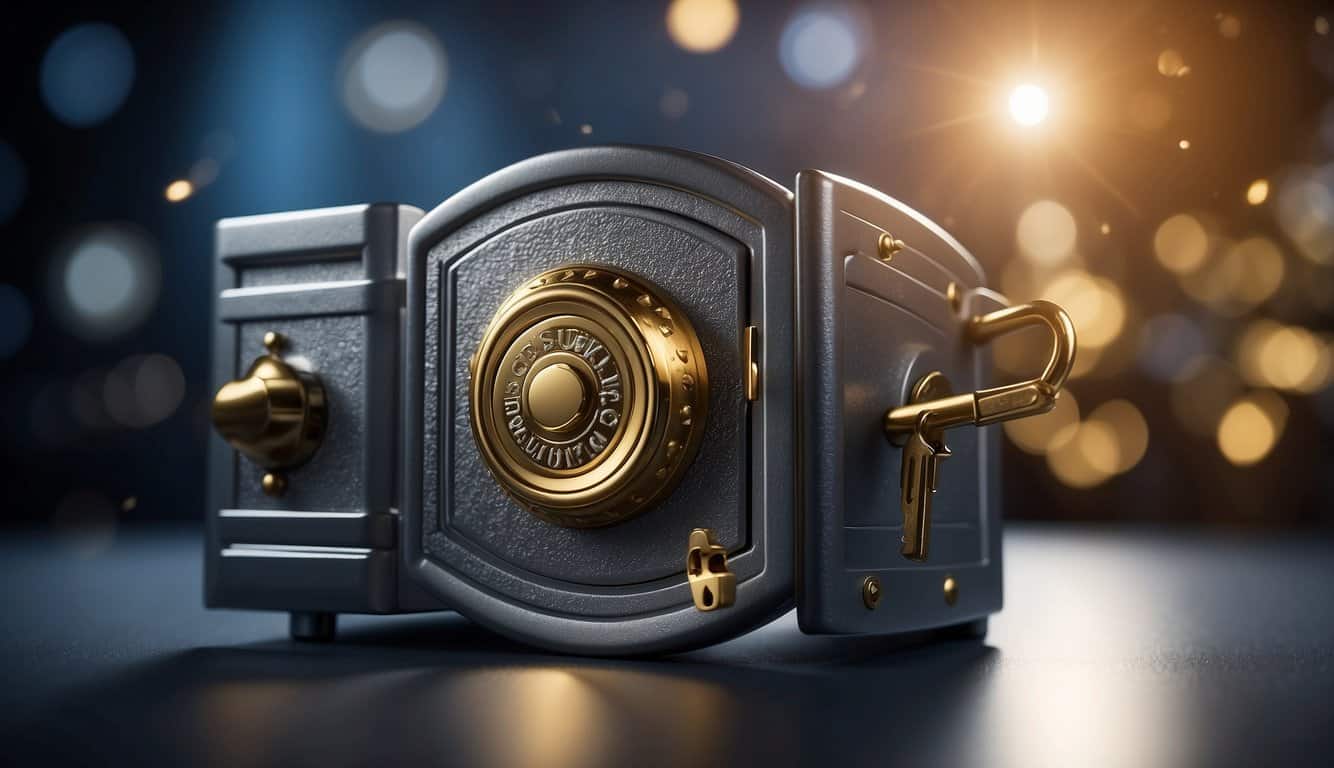 A secure digital vault with a lock and key, surrounded by a shield symbol, representing protection of customer data
