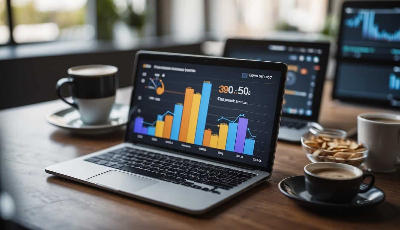 A smartphone with SEO analytics tools displayed on the screen, surrounded by mobile devices and laptops. Graphs and charts showing mobile SEO performance