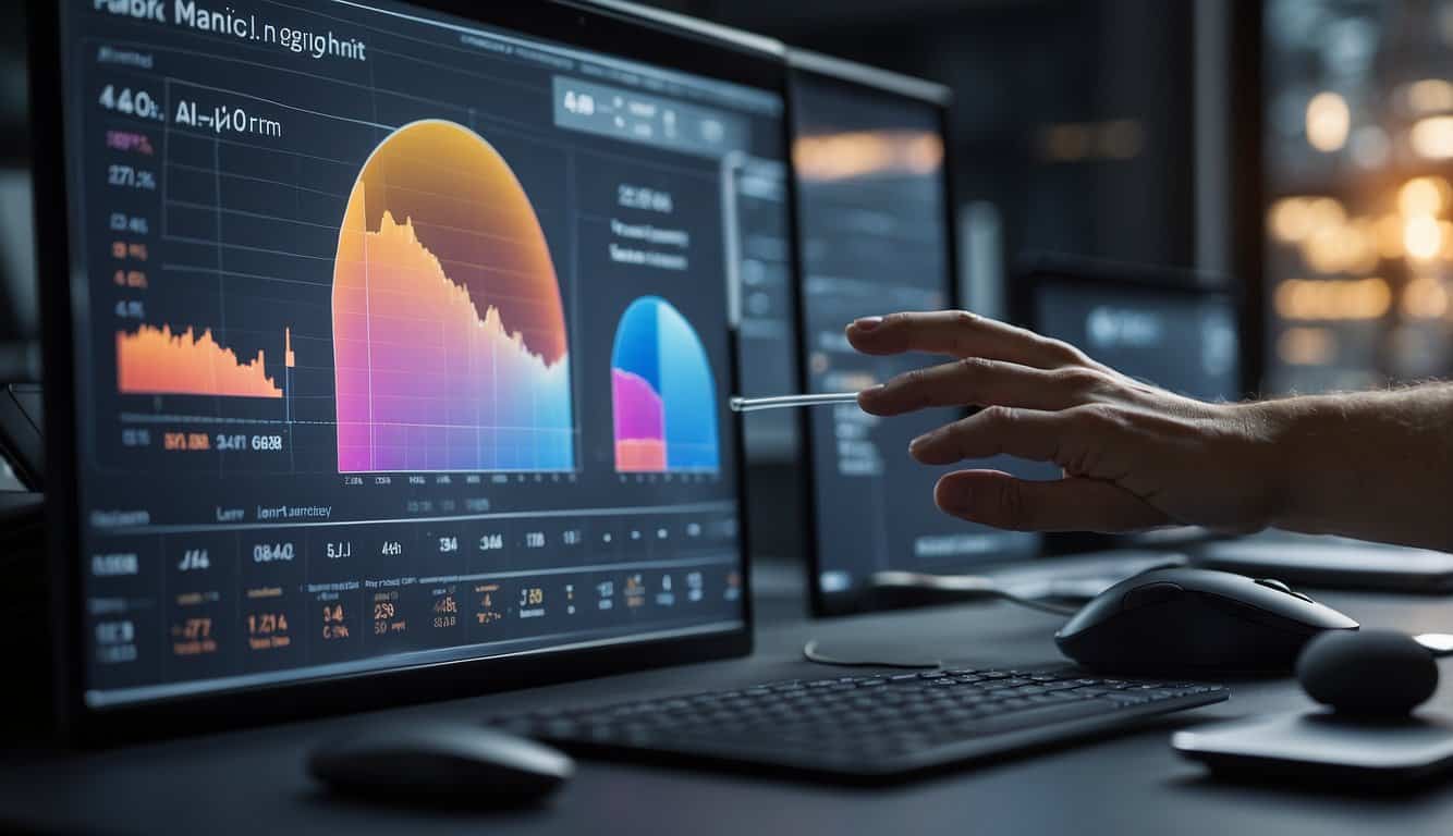 A computer screen displays a dashboard with graphs and charts, showing the integration of marketing tools. A hand reaches for a mouse to click on a data point