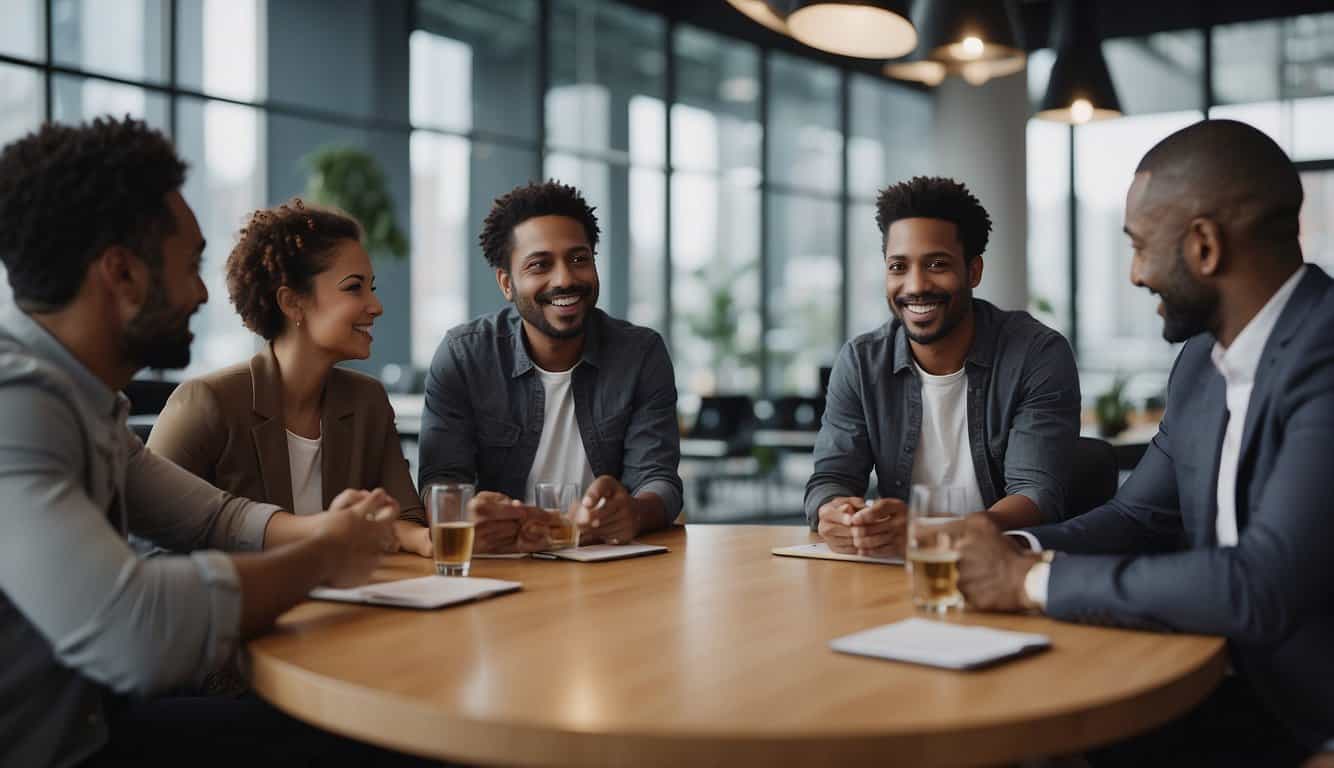 A group of diverse individuals engage in meaningful conversations, exchanging ideas and building connections on a digital platform. The atmosphere is vibrant and collaborative, with a focus on fostering relationships and driving measurable returns on investment
