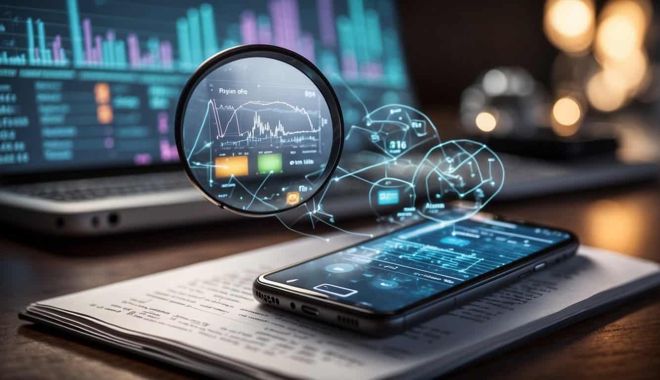 A smartphone with a magnifying glass hovering over it, surrounded by various analytics charts and graphs