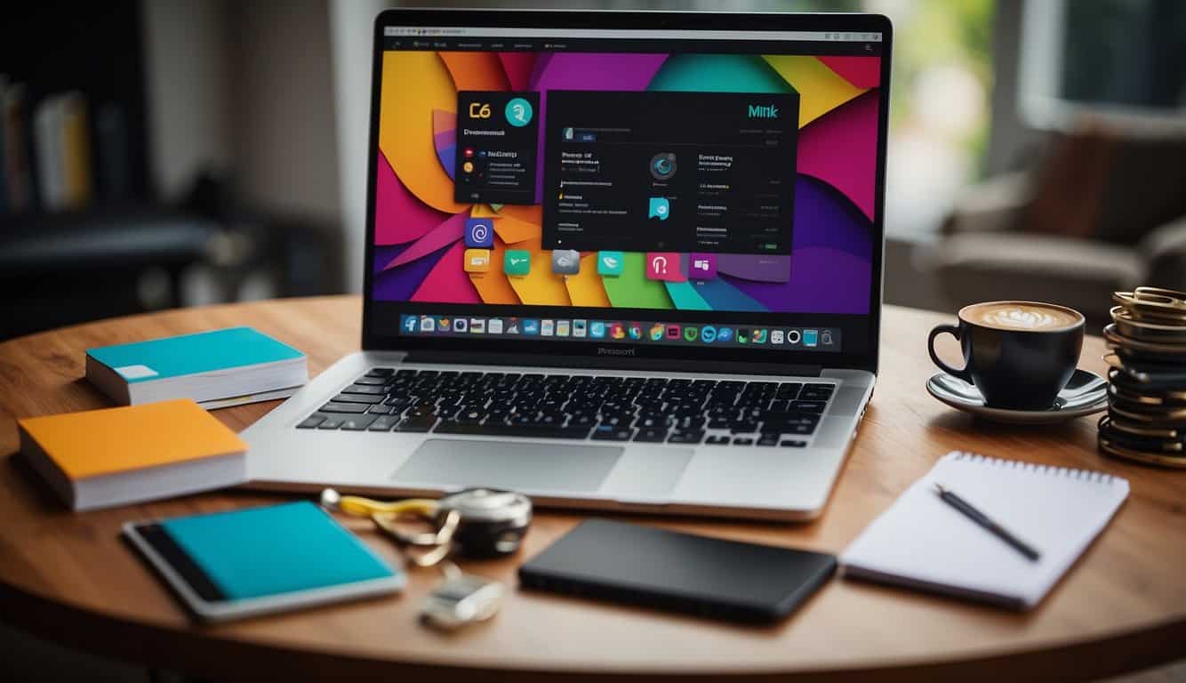 A laptop surrounded by colorful design tools and marketing materials. A small business logo prominently displayed