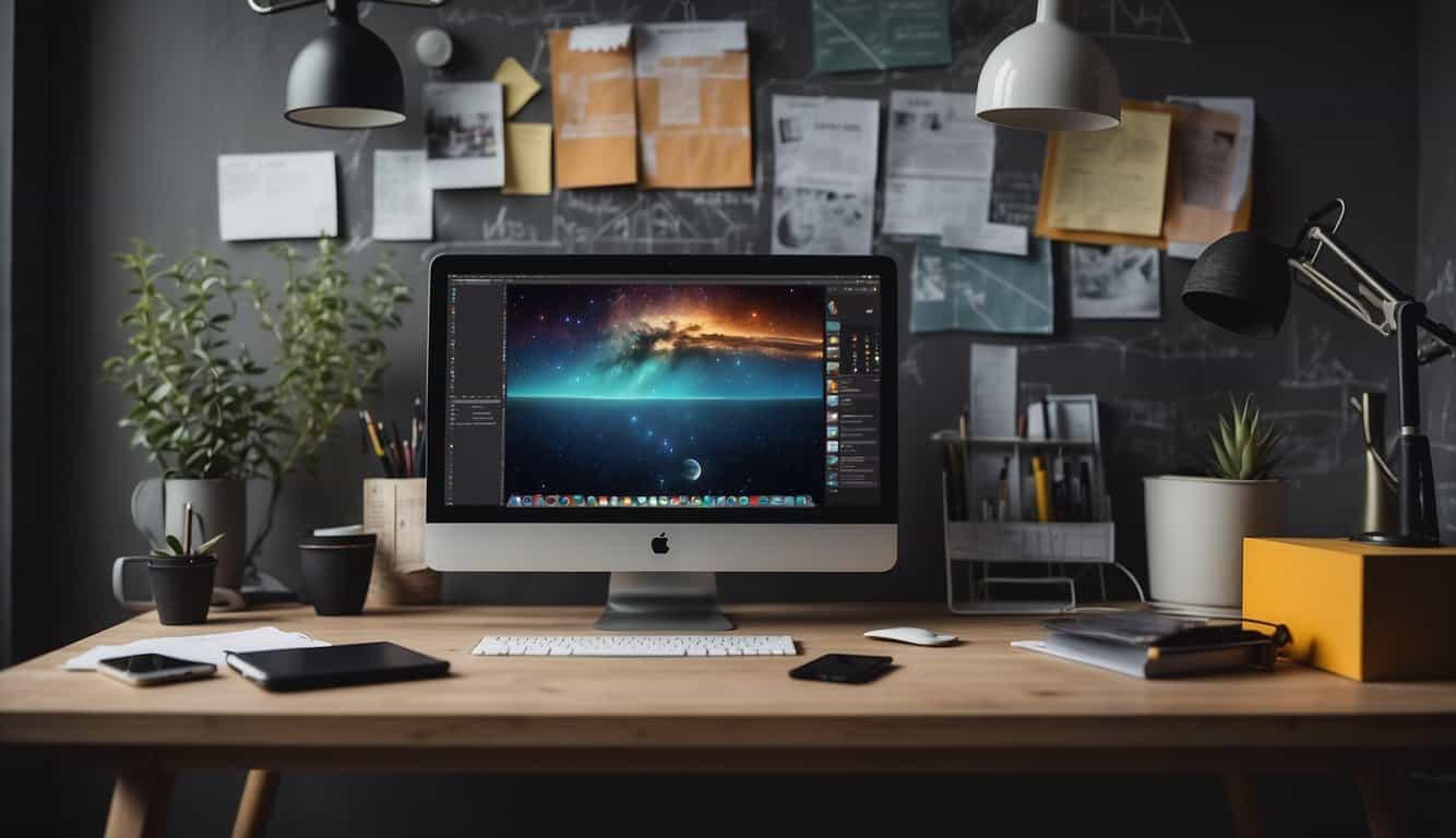 A desk with various design tools: computer, tablet, pens, rulers, and color swatches. A mood board and sketches on the wall