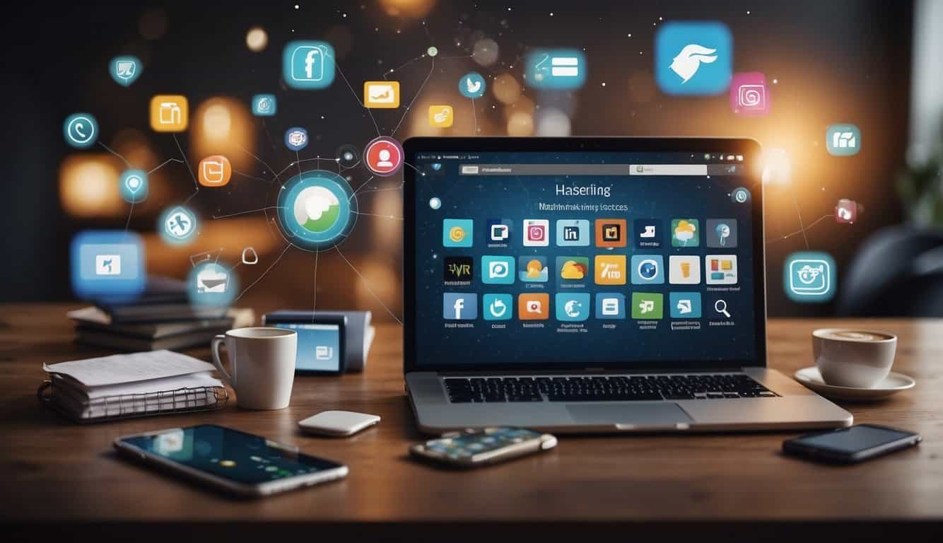 A hand hovering over various digital marketing tools, including ads, emails, and social media, with a thoughtful expression