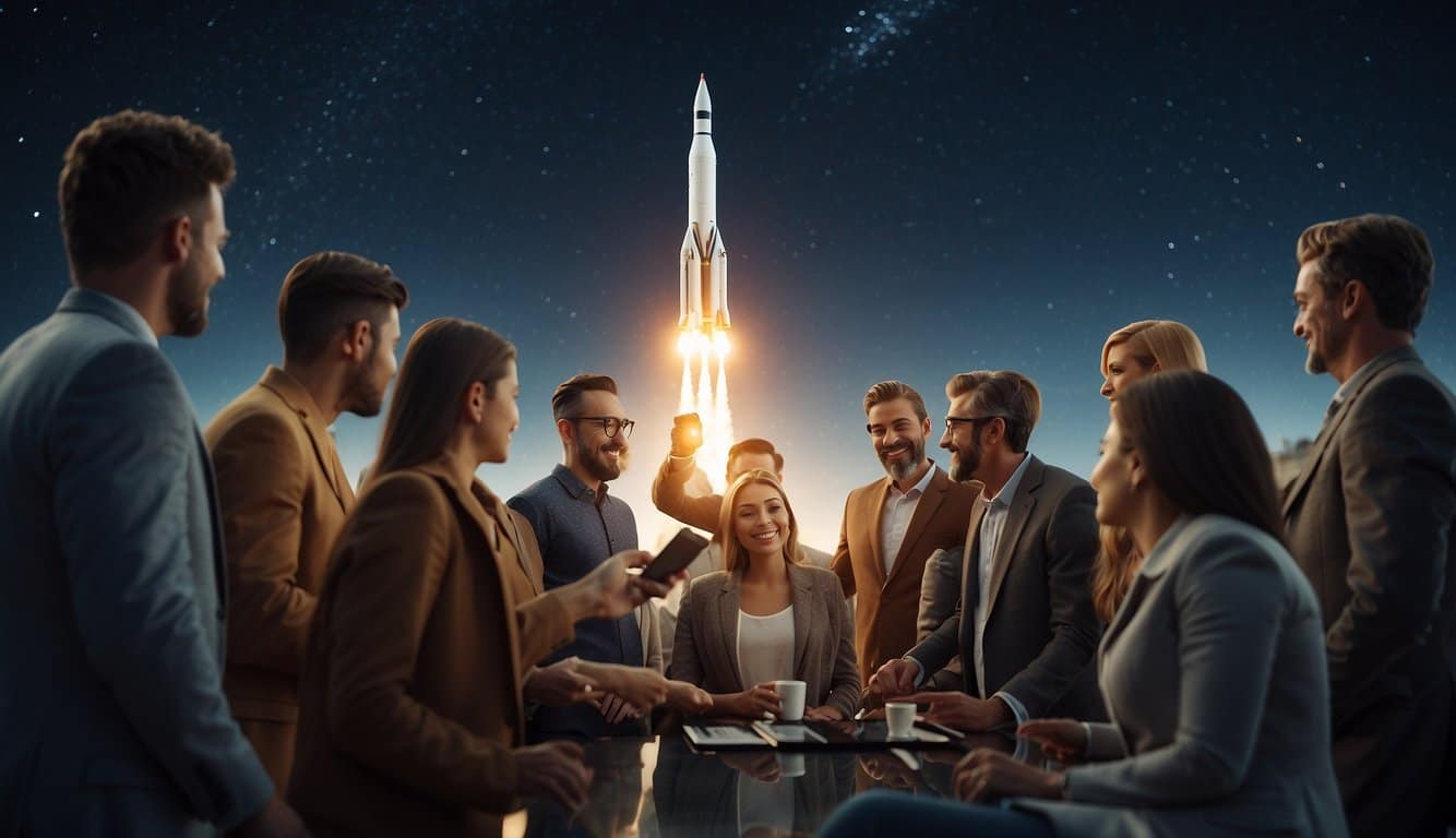 A group of diverse influencers gather around a digital platform, symbolized by a rocket, ready to launch a marketing campaign