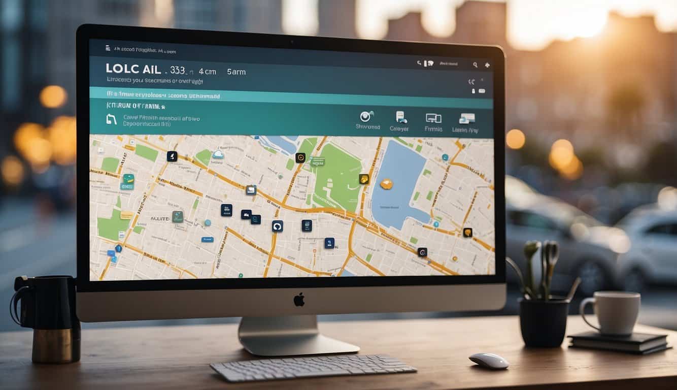 A computer screen displaying various local SEO tools with a map of a city in the background, surrounded by business listings and search results