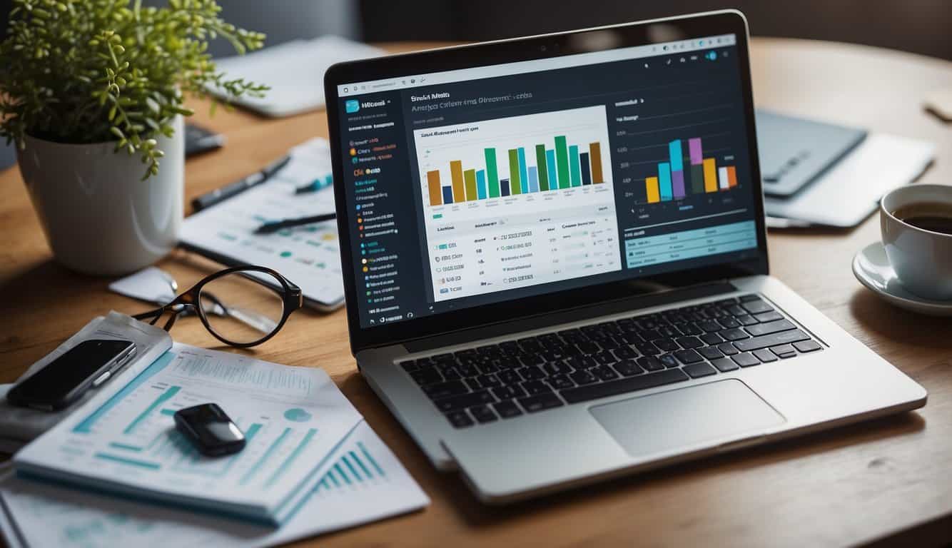 A laptop displaying social media analytics, surrounded by charts and graphs, with a magnifying glass highlighting key data points