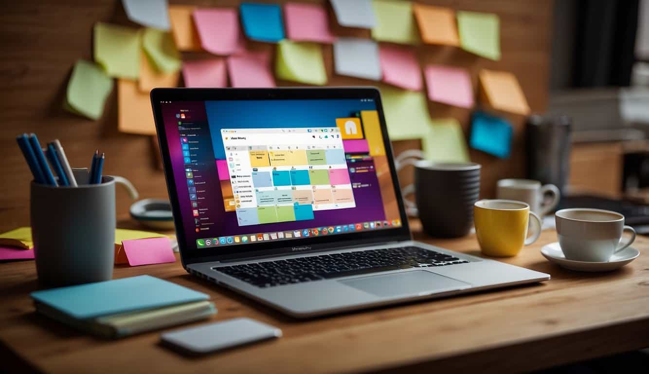 A laptop surrounded by colorful post-it notes, a calendar, and various social media icons. A brainstorming session with a cup of coffee and a sketchbook